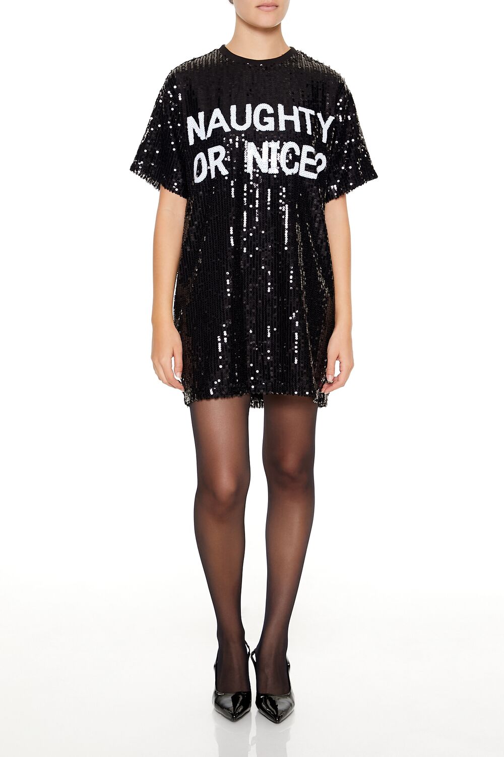  Forever 21 Sequin Naughty or Nice T-Shirt Dress - black-white - Bonton