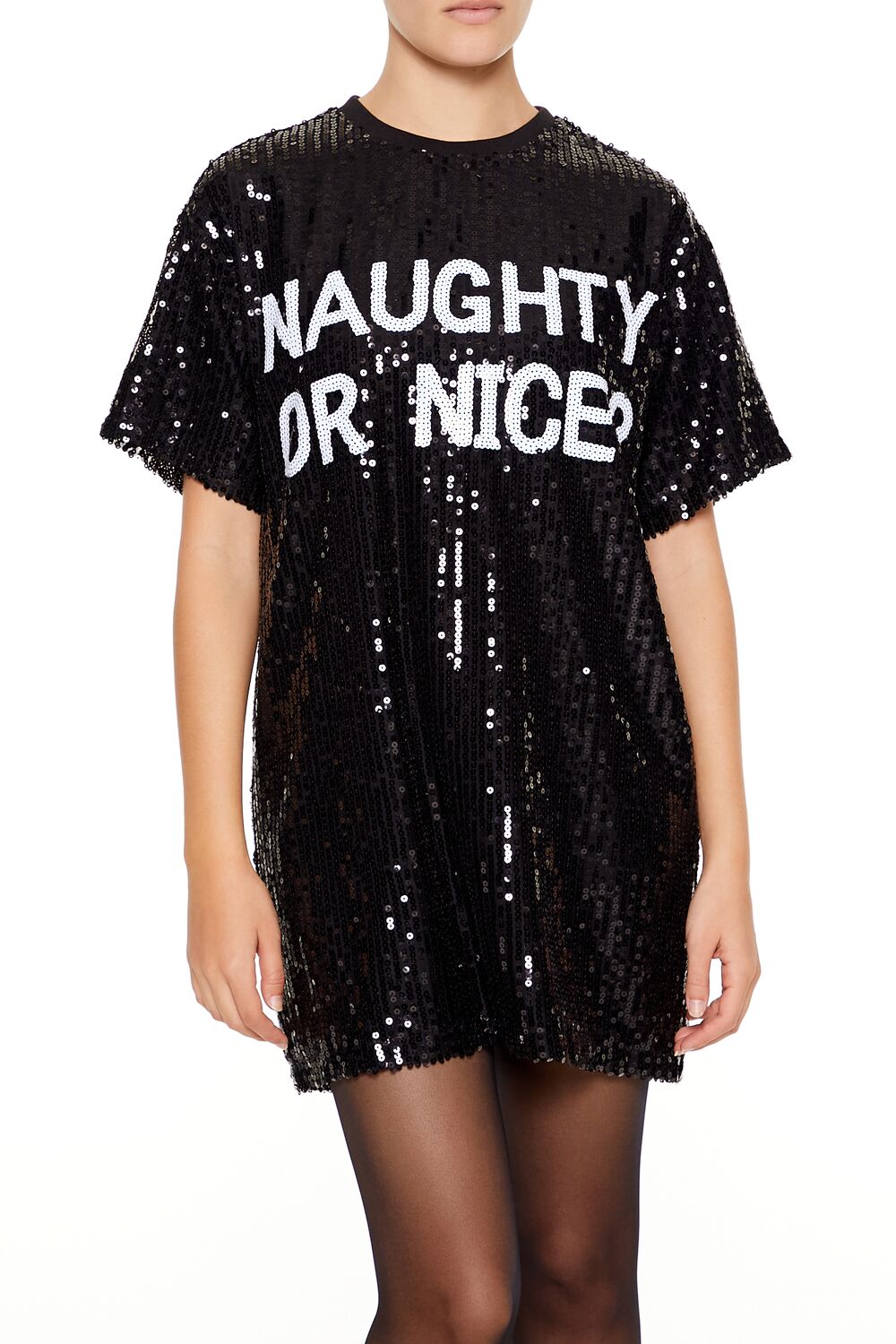  Forever 21 Sequin Naughty or Nice T-Shirt Dress - black-white - Bonton