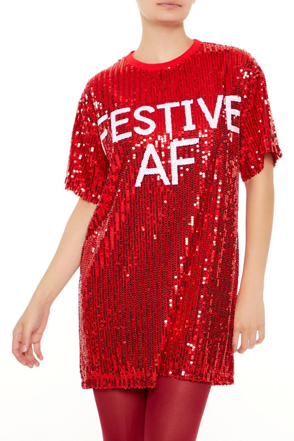  Forever 21 Sequin Festive AF T-Shirt Dress - red-white - Bonton