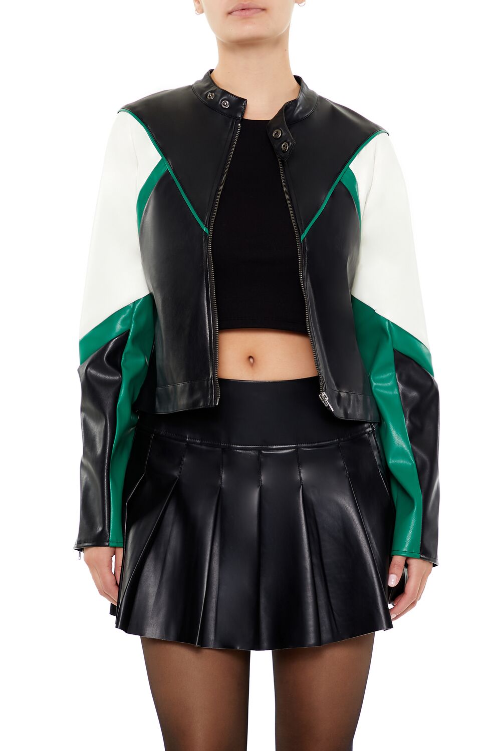  Forever 21 Colorblock Cropped Moto Jacket - black-green - Bonton