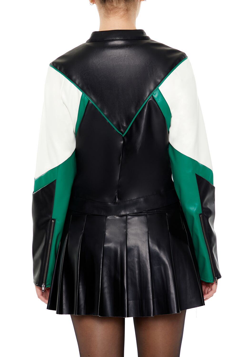  Forever 21 Colorblock Cropped Moto Jacket - black-green - Bonton