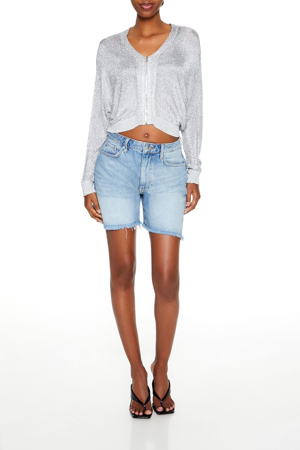  Forever 21 Glitter Knit Zip-Up Sweater - gunmetal - Bonton