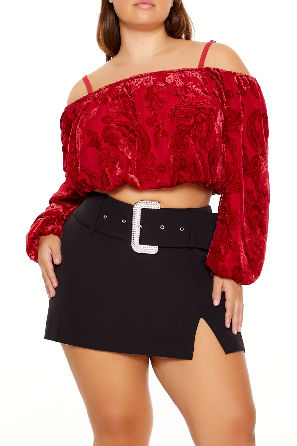  Forever 21 Plus Size Paisley Open-Shoulder Top - dark red - Bonton