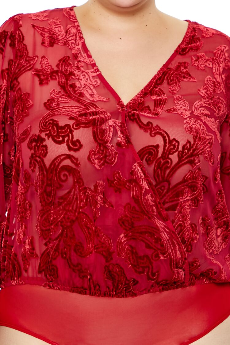  Forever 21 Plus Size Sheer Burnout Bodysuit - dark red - Bonton
