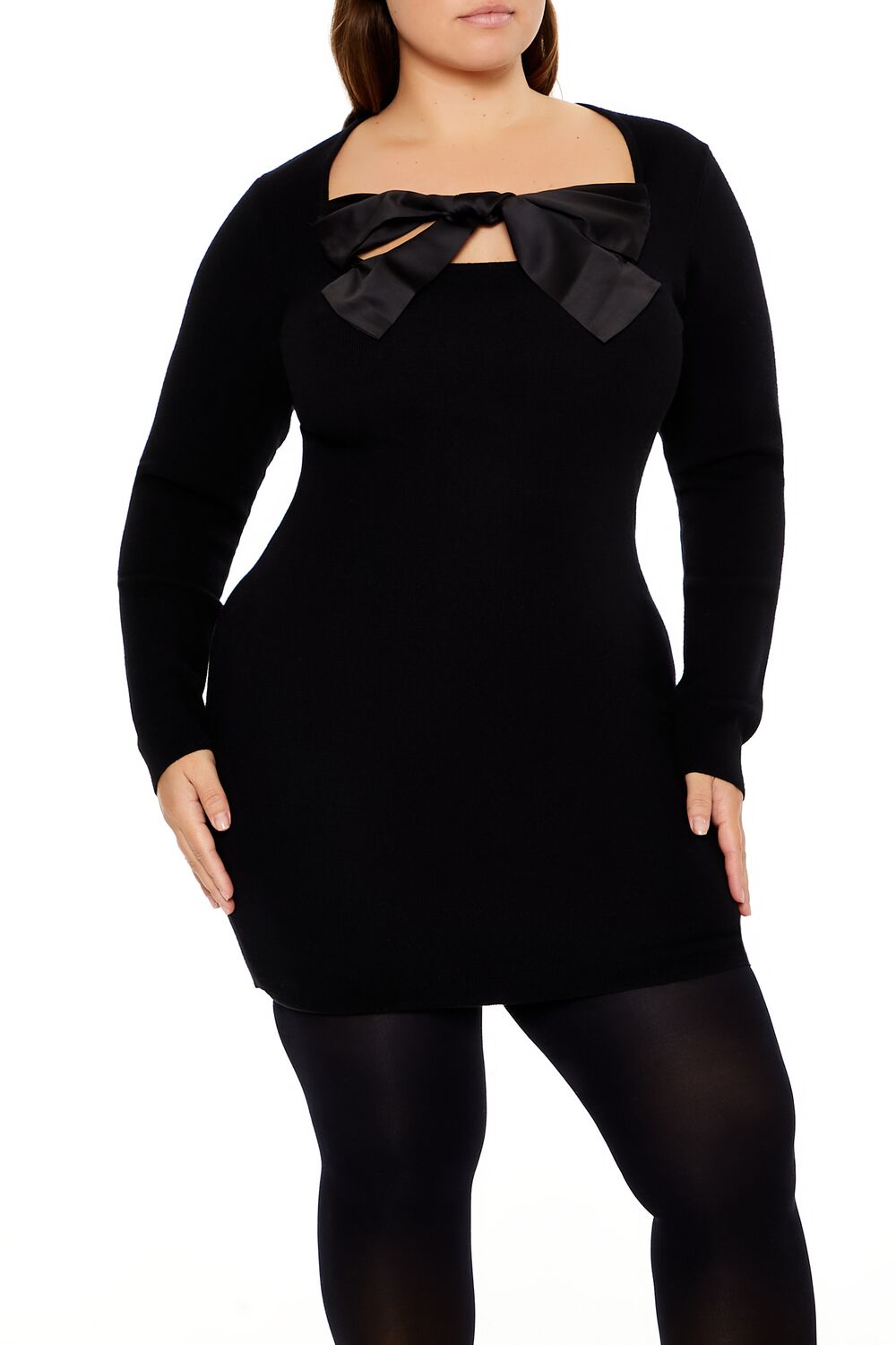 Plus Size Satin Bow Mini Dress in Black-swatch | Size: 2X by Bonton Plus Size Satin Bow Mini Dress in Black-swatch | Size: 2X by Bonton