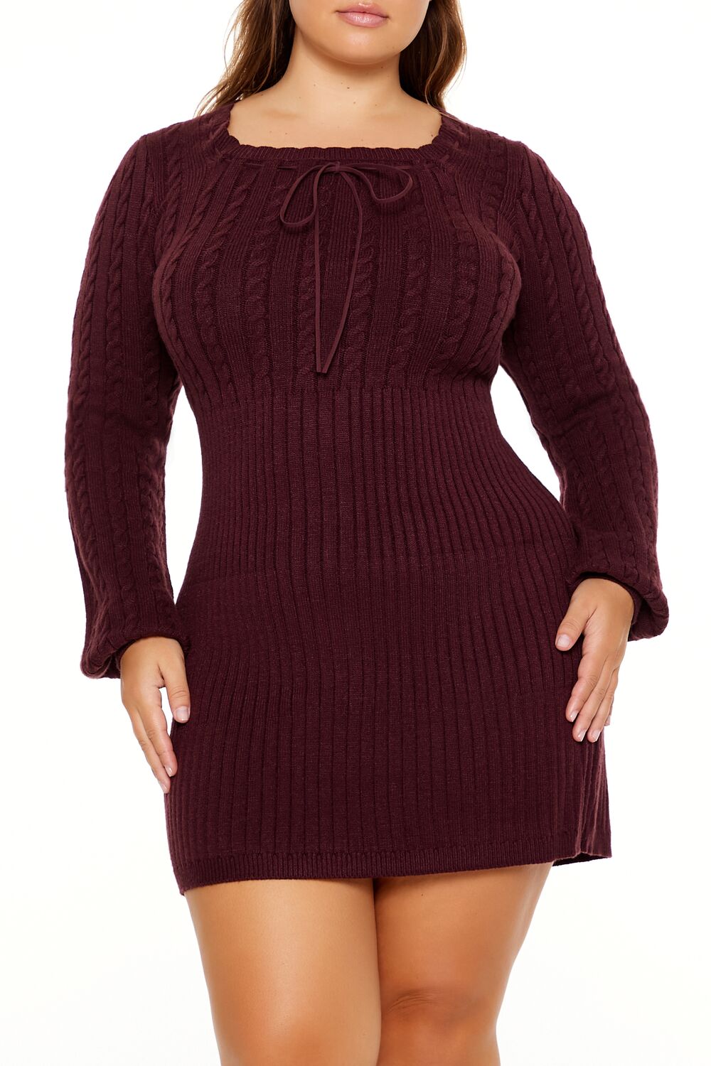  Forever 21 Plus Size Cable Knit Mini Sweater Dress - merlot-swatch - Bonton