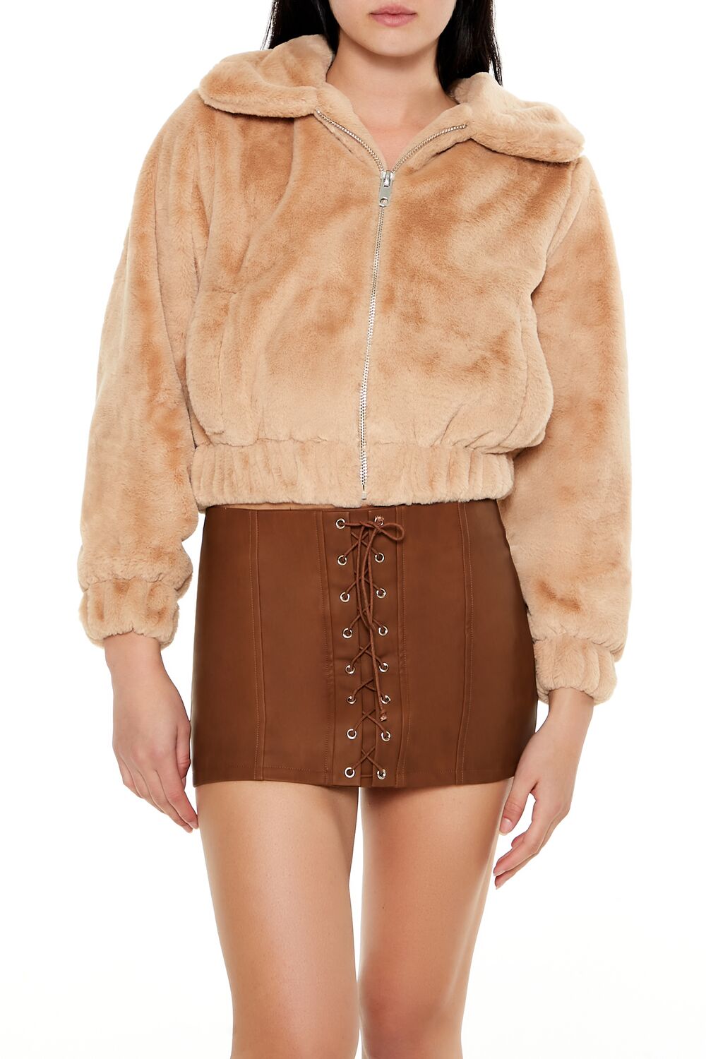  Forever 21 Plush Cropped Bomber Jacket - brown - Bonton