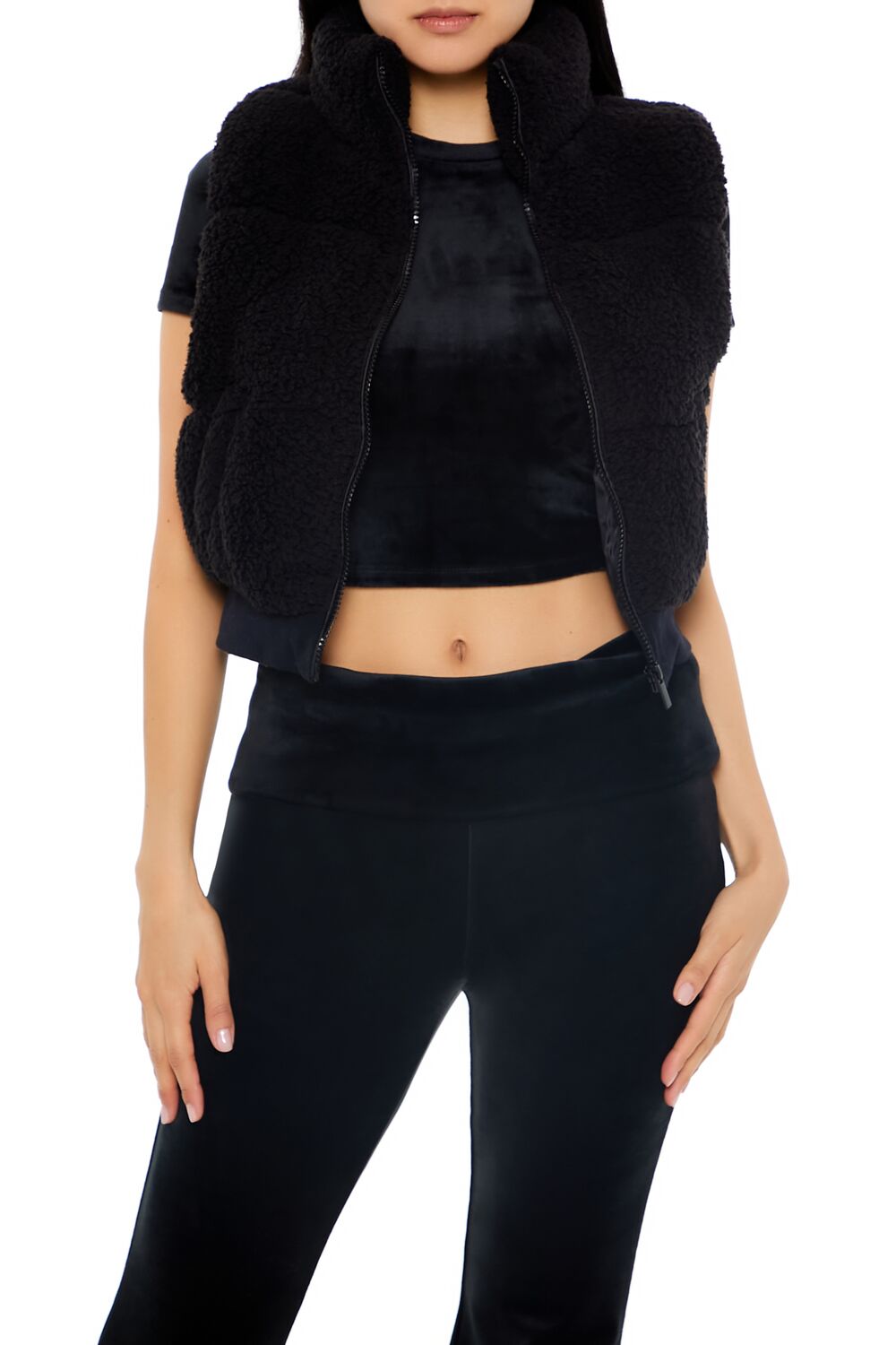  Forever 21 Faux Shearling Zip-Up Vest - black - Bonton