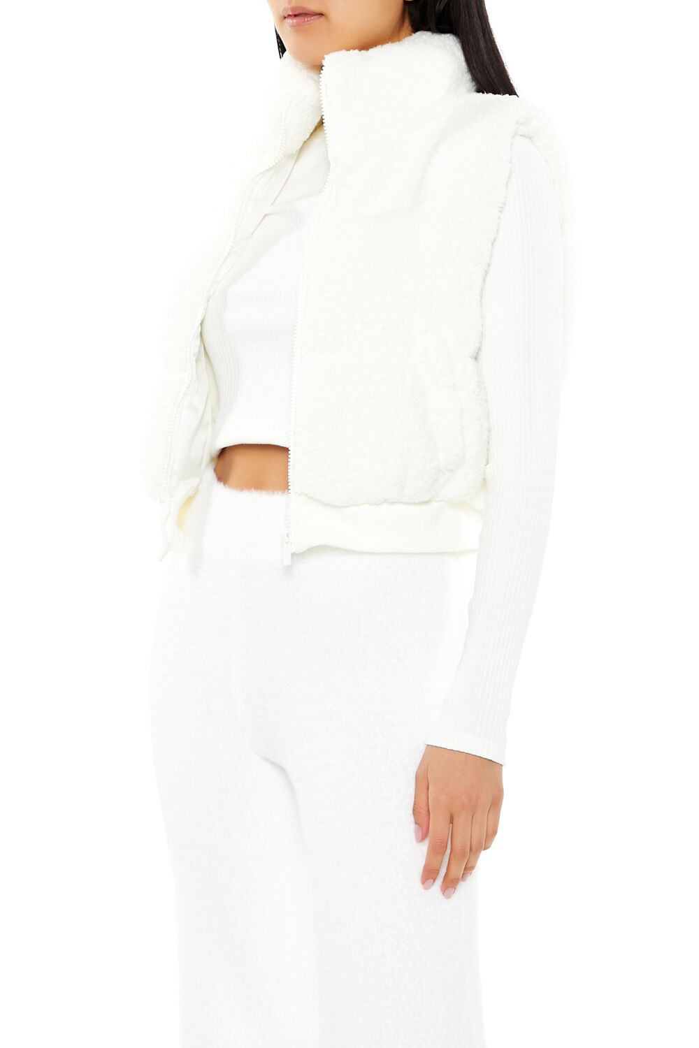  Forever 21 Faux Shearling Zip-Up Vest - black - Bonton