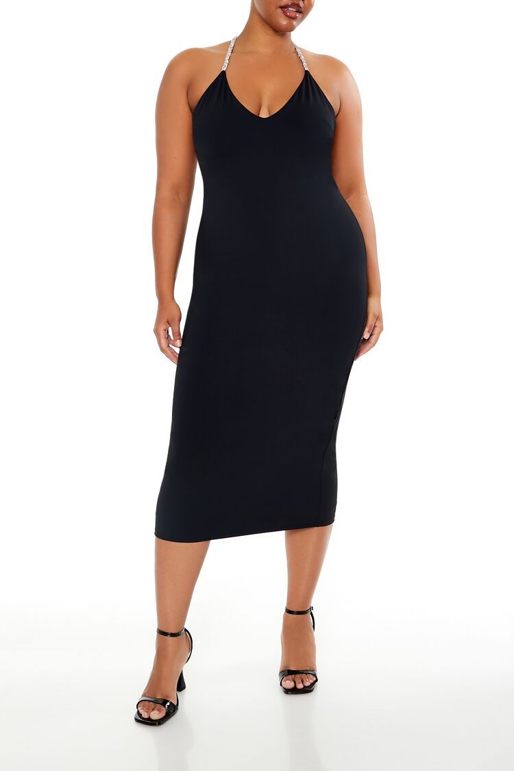 open lace back dress Plus Size Midi Sweater Dress in Black-swatch main image 1