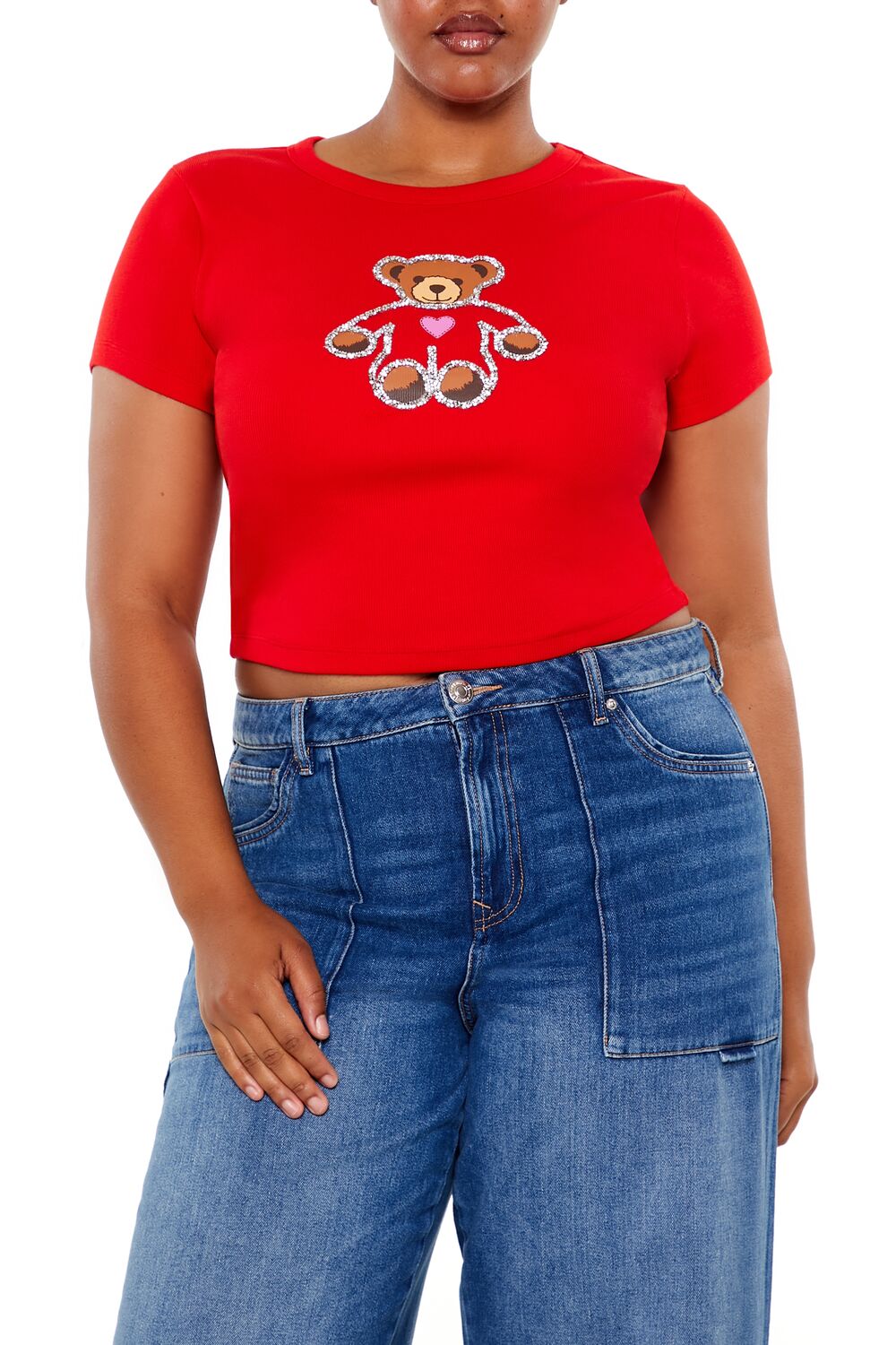  Forever 21 Plus Size Sequin Teddy Bear Baby Tee - red multi - Bonton