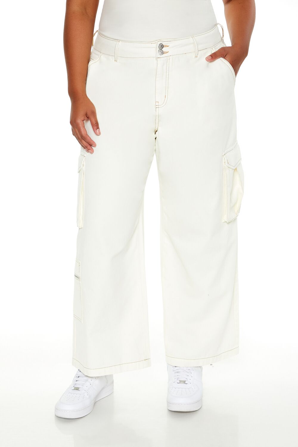  Forever 21 Plus Size High-Rise Cargo Pants - white - Bonton