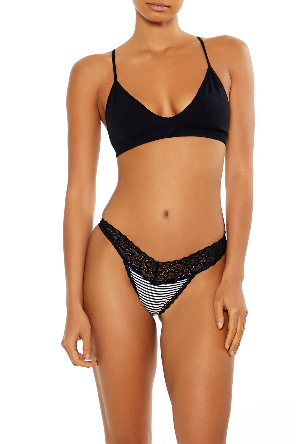  Forever 21 Lace-Trim Striped Thong Panties - black-white - Bonton