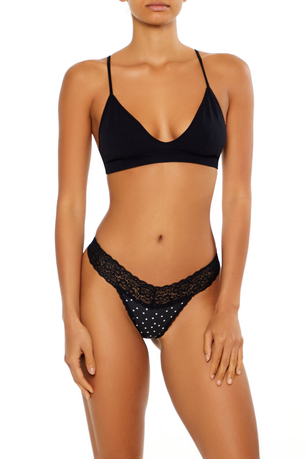  Forever 21 Lace-Trim Polka Dot Thong Panties - black-white - Bonton