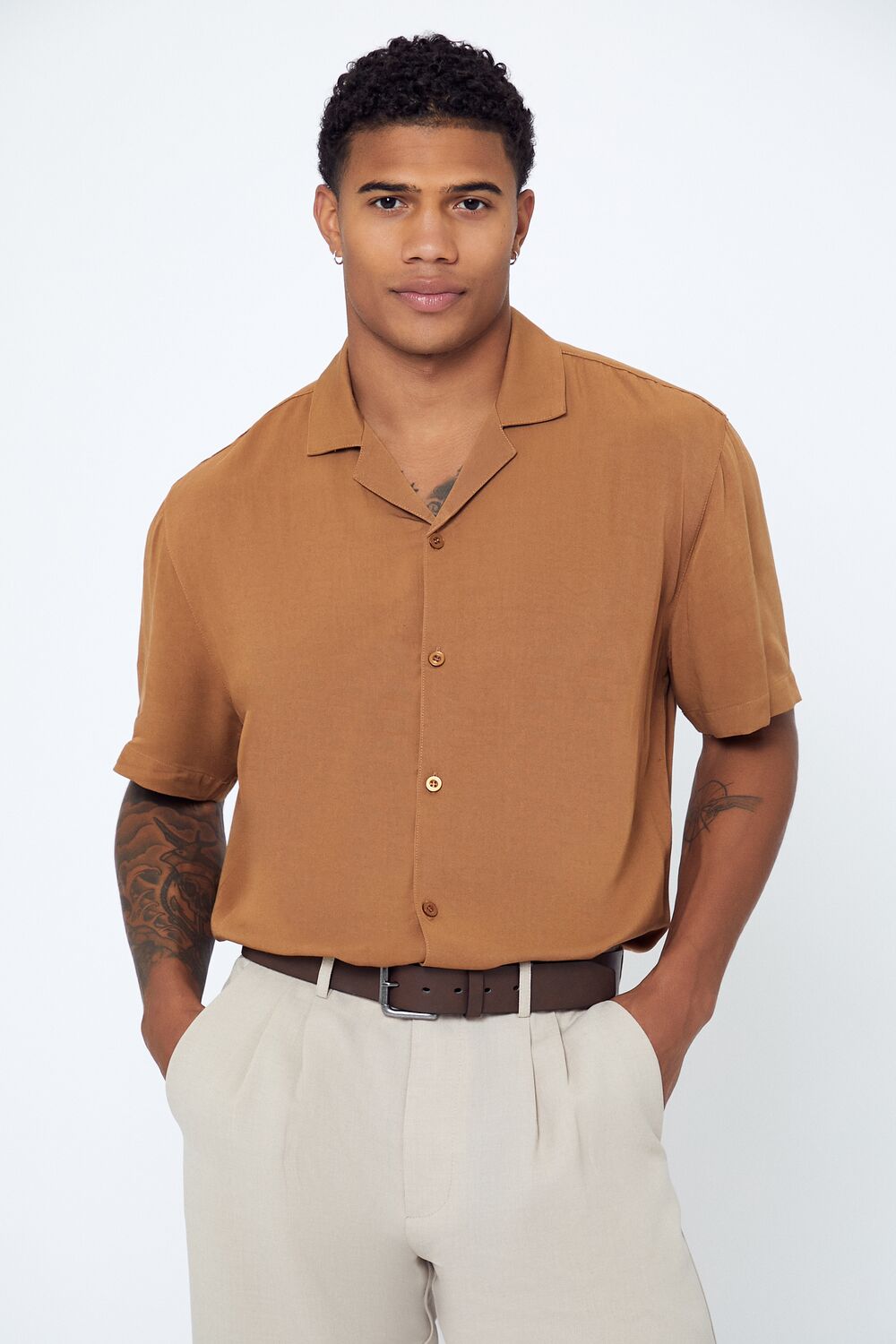  Forever 21 Cuban-Collar Short-Sleeve Shirt - cream - Bonton