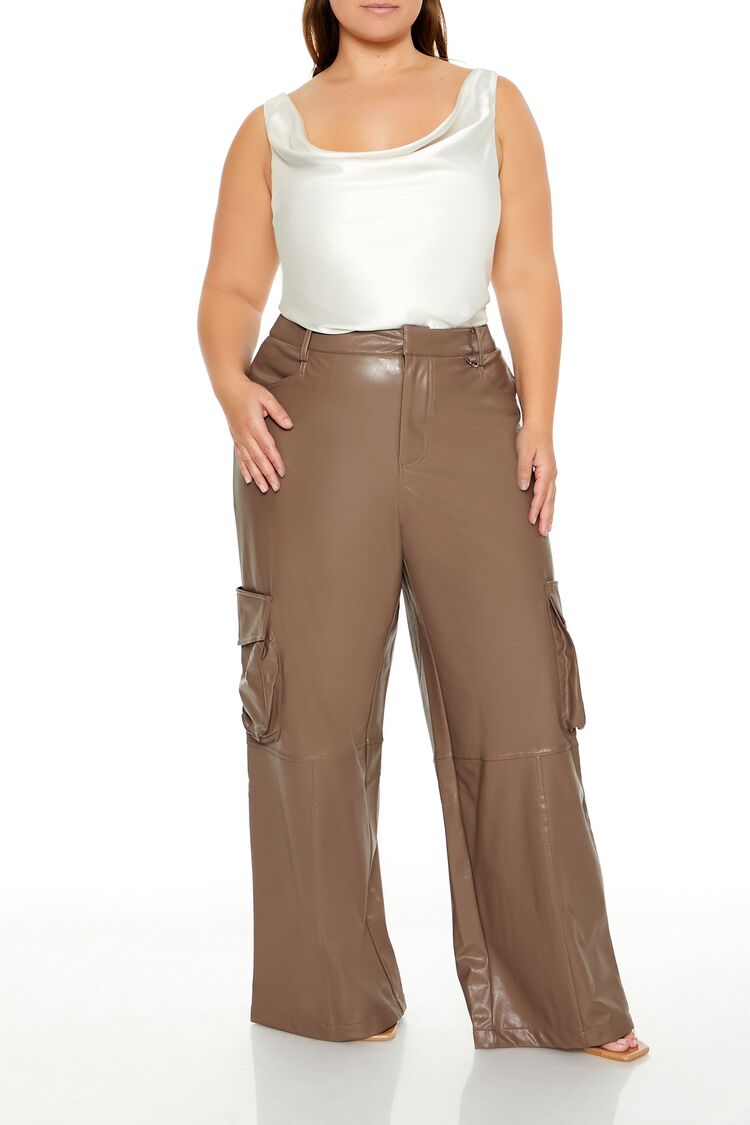  Forever 21 Plus Size Faux Leather Cargo Pants - espresso - Bonton