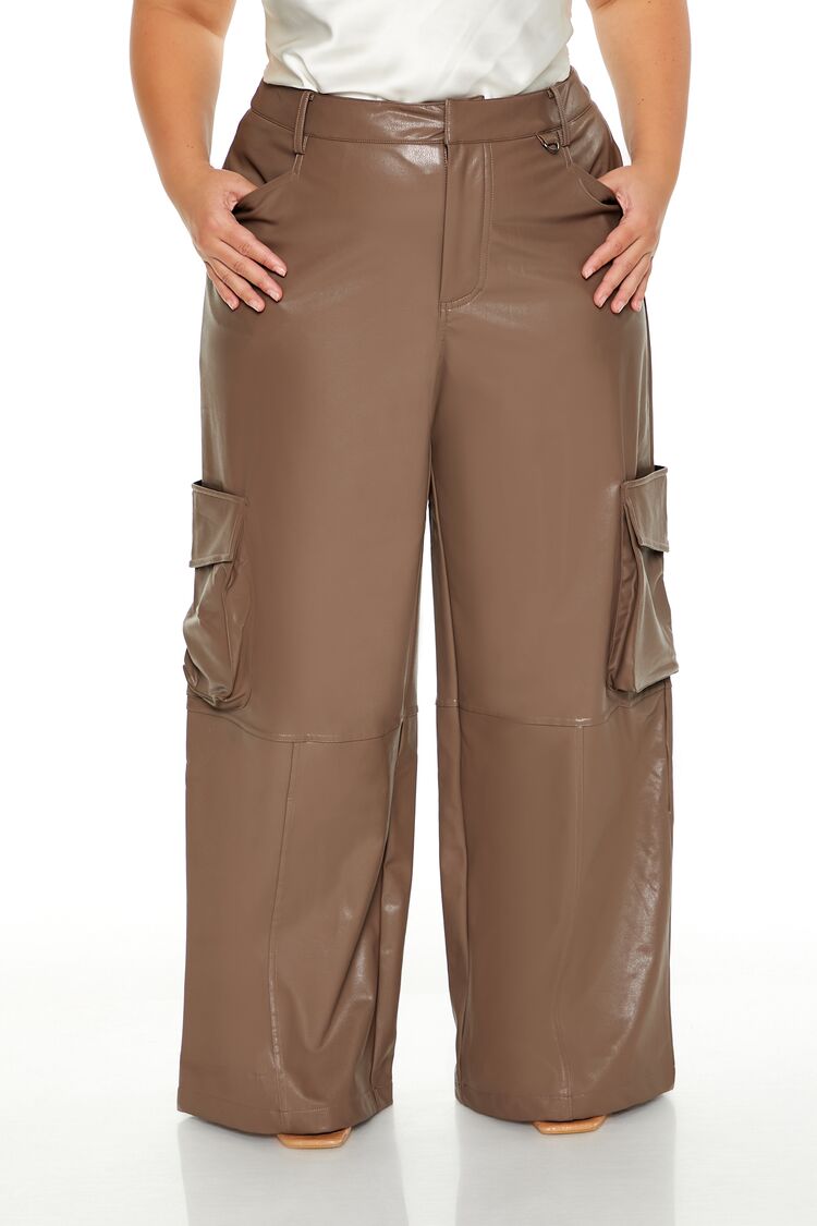  Forever 21 Plus Size Faux Leather Cargo Pants - espresso - Bonton