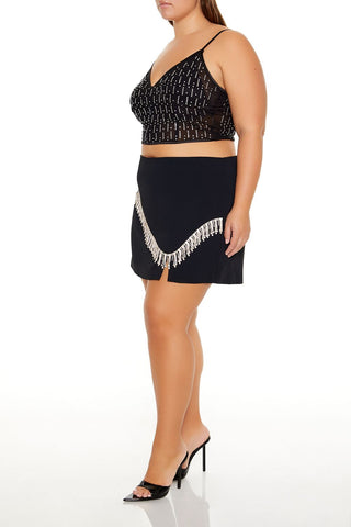 Plus Size Rhinestone-Fringe Mini Skirt