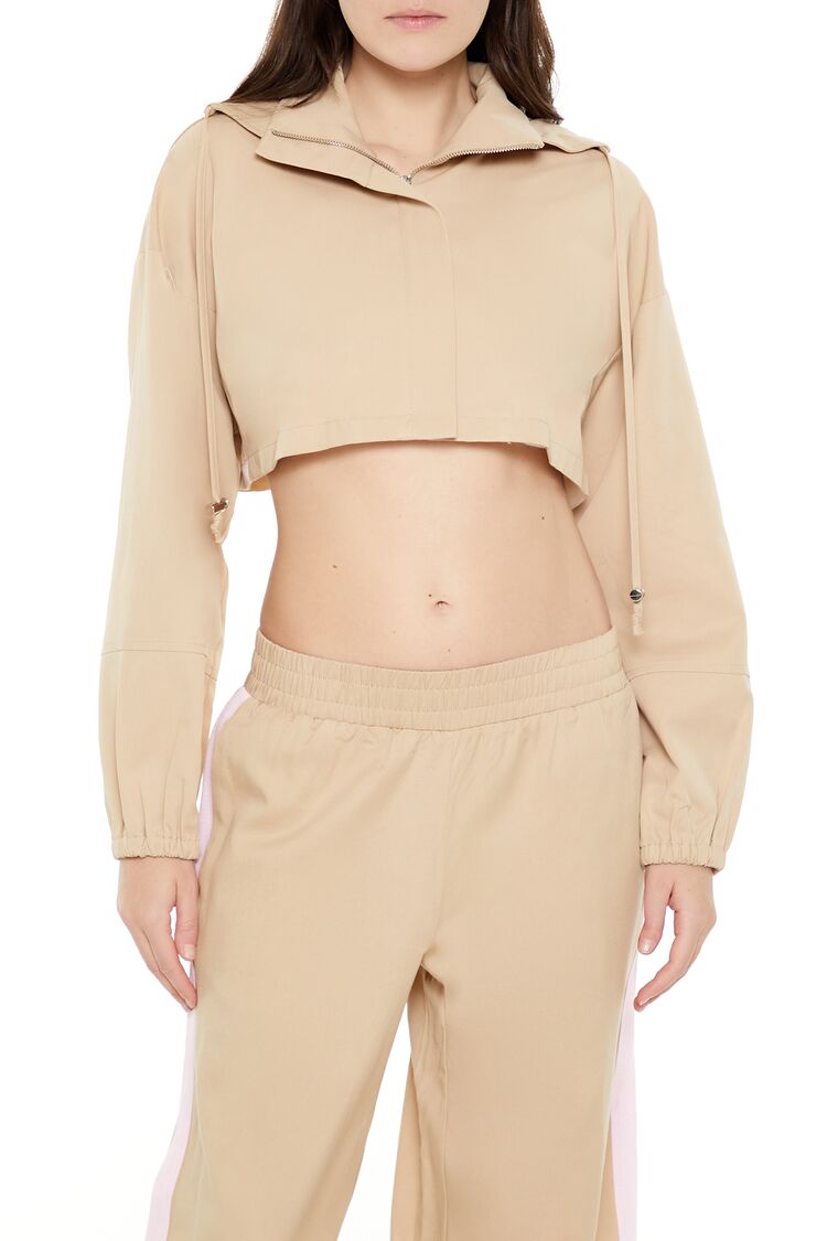  Forever 21 Hooded Zip-Up Cropped Jacket - desert-sand-swatch - Bonton