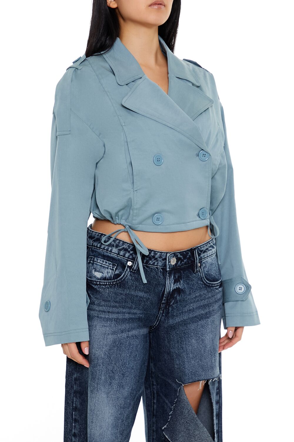  Forever 21 Double-Breasted Cropped Trench Coat - grey - Bonton