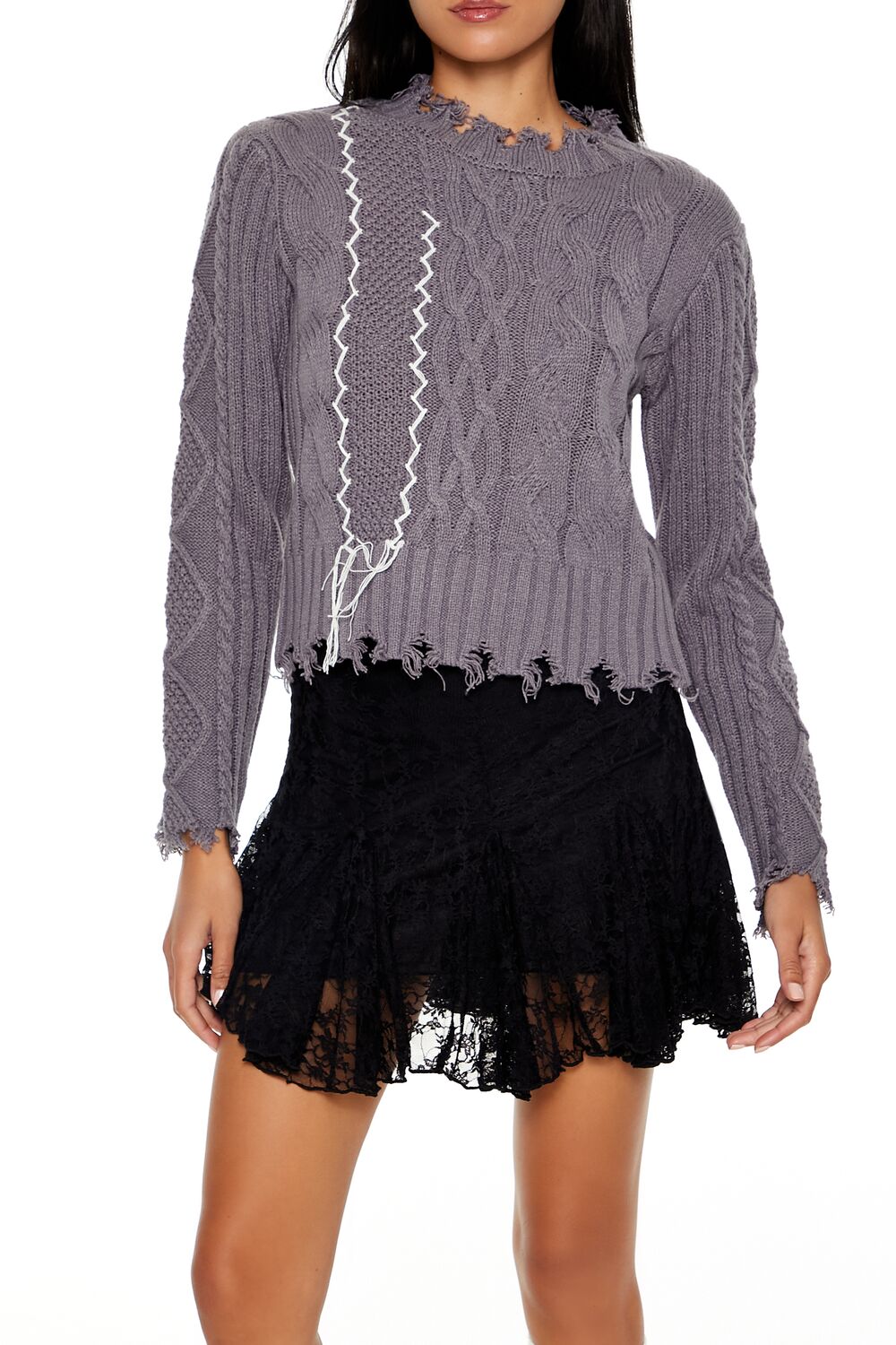  Forever 21 Distressed Cable Knit Sweater - grey multi - Bonton