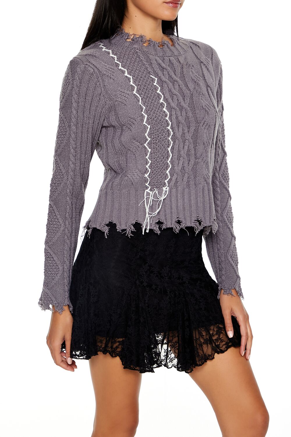  Forever 21 Distressed Cable Knit Sweater - grey multi - Bonton