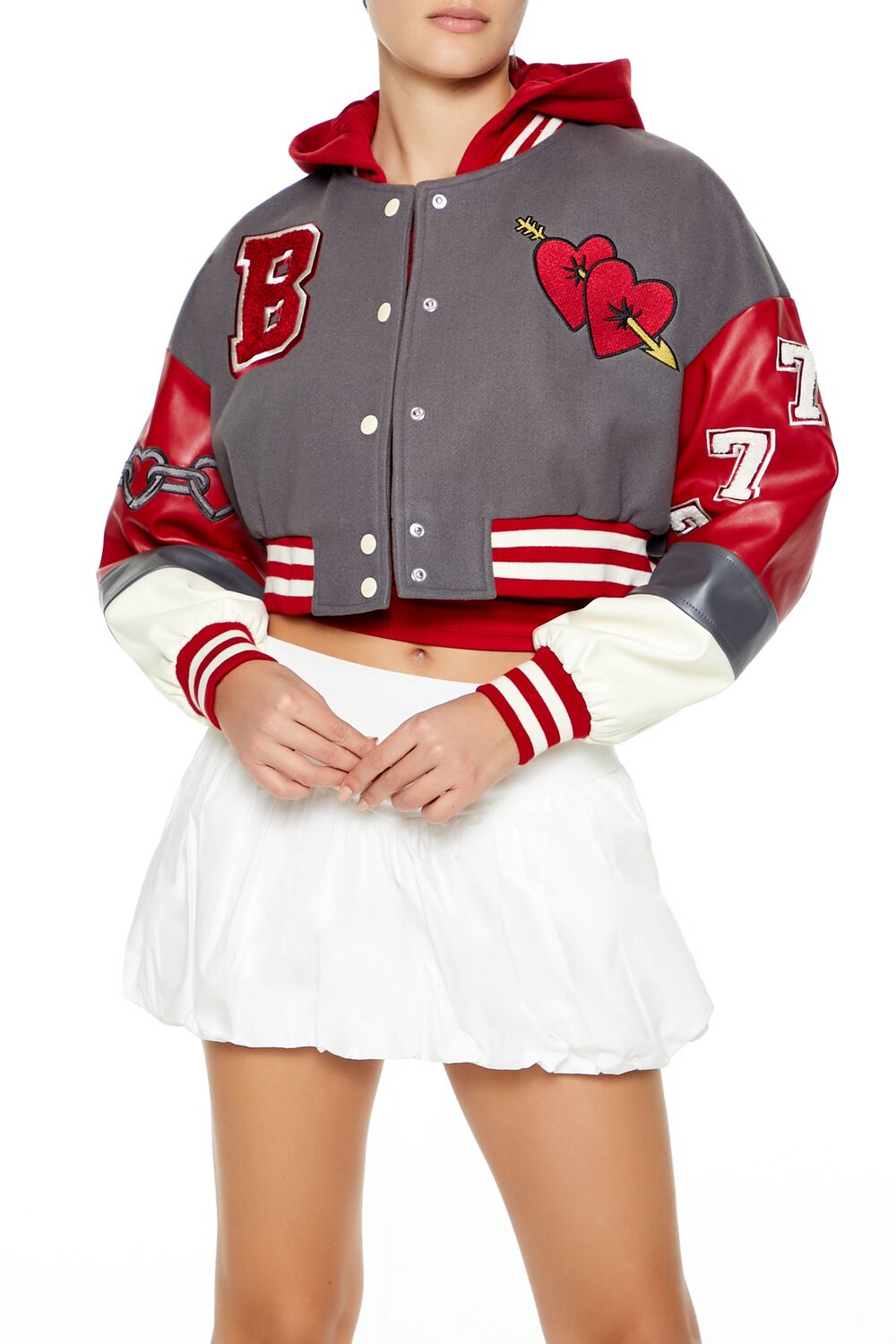  Forever 21 Babygirl Varsity Patch Jacket - grey-red-swatch - Bonton