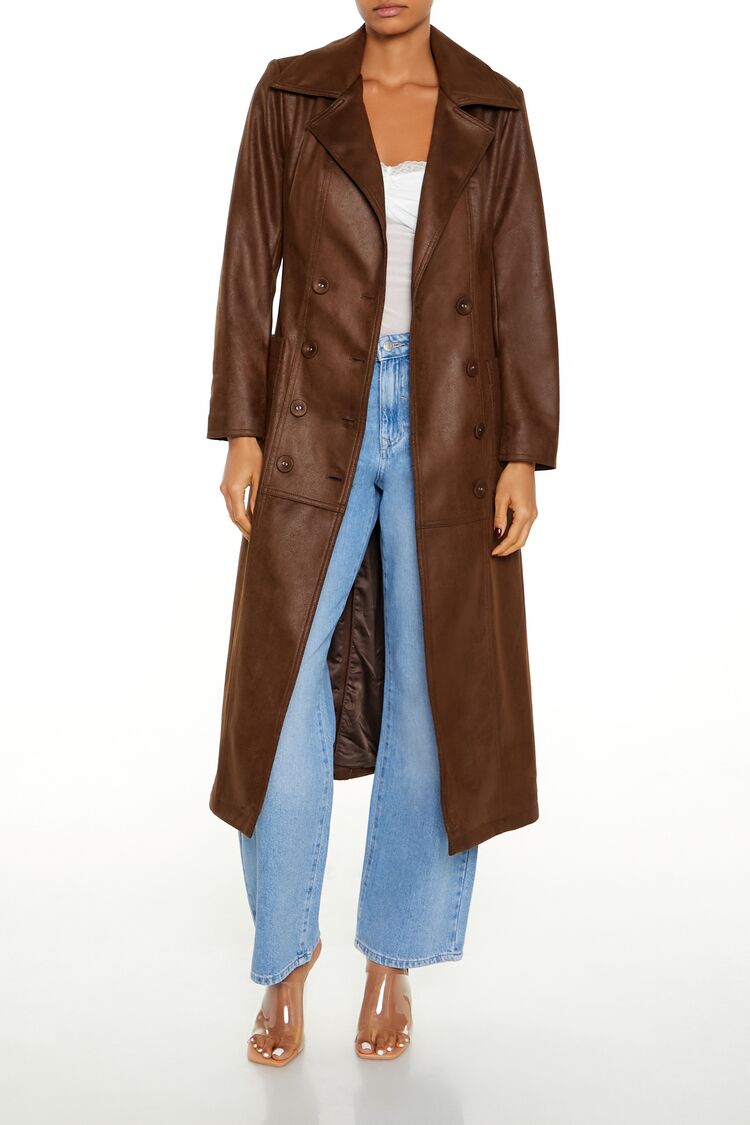  Forever 21 Notched Faux Suede Trench Coat - dark-brown-swatch - Bonton