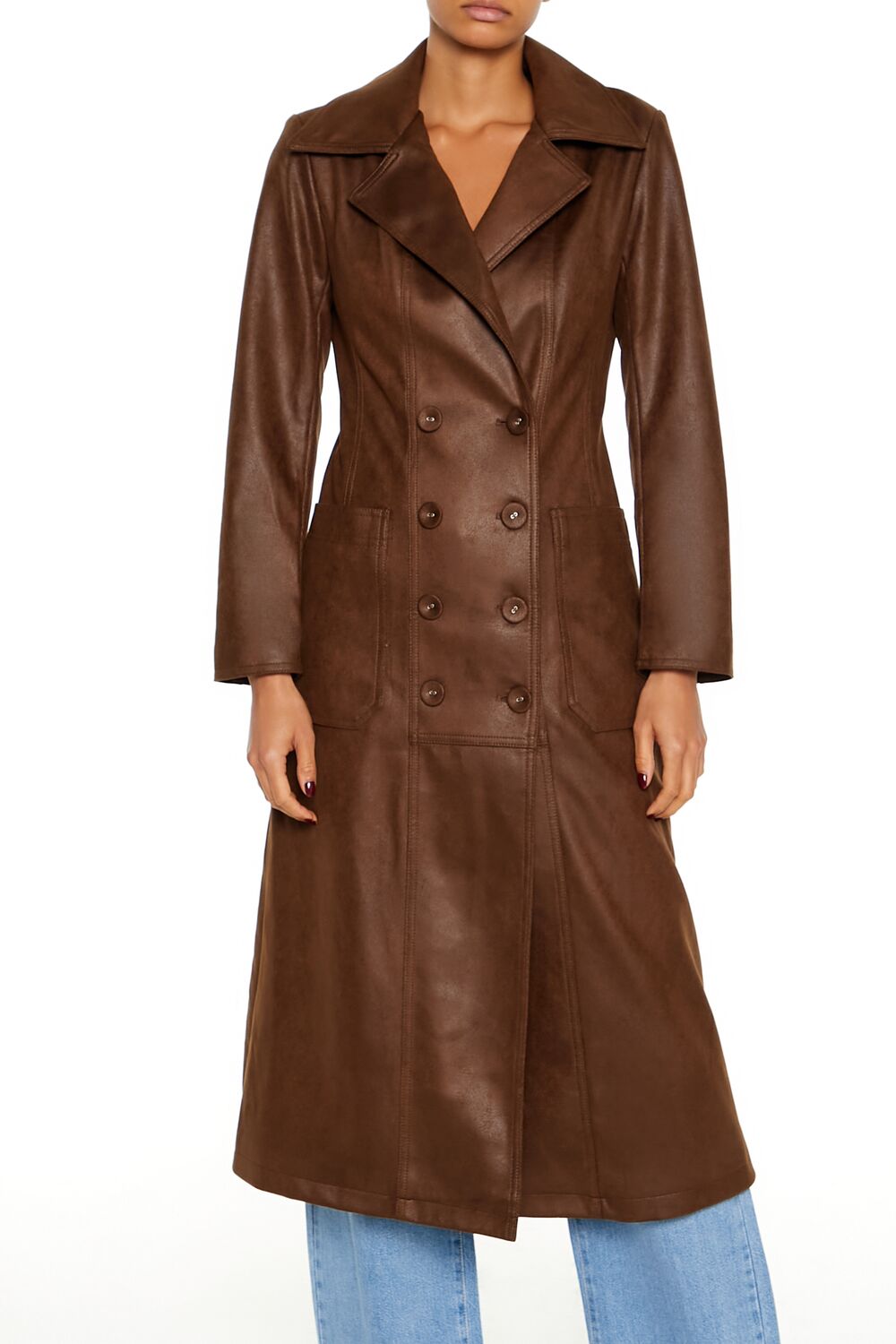  Forever 21 Notched Faux Suede Trench Coat - dark-brown-swatch - Bonton