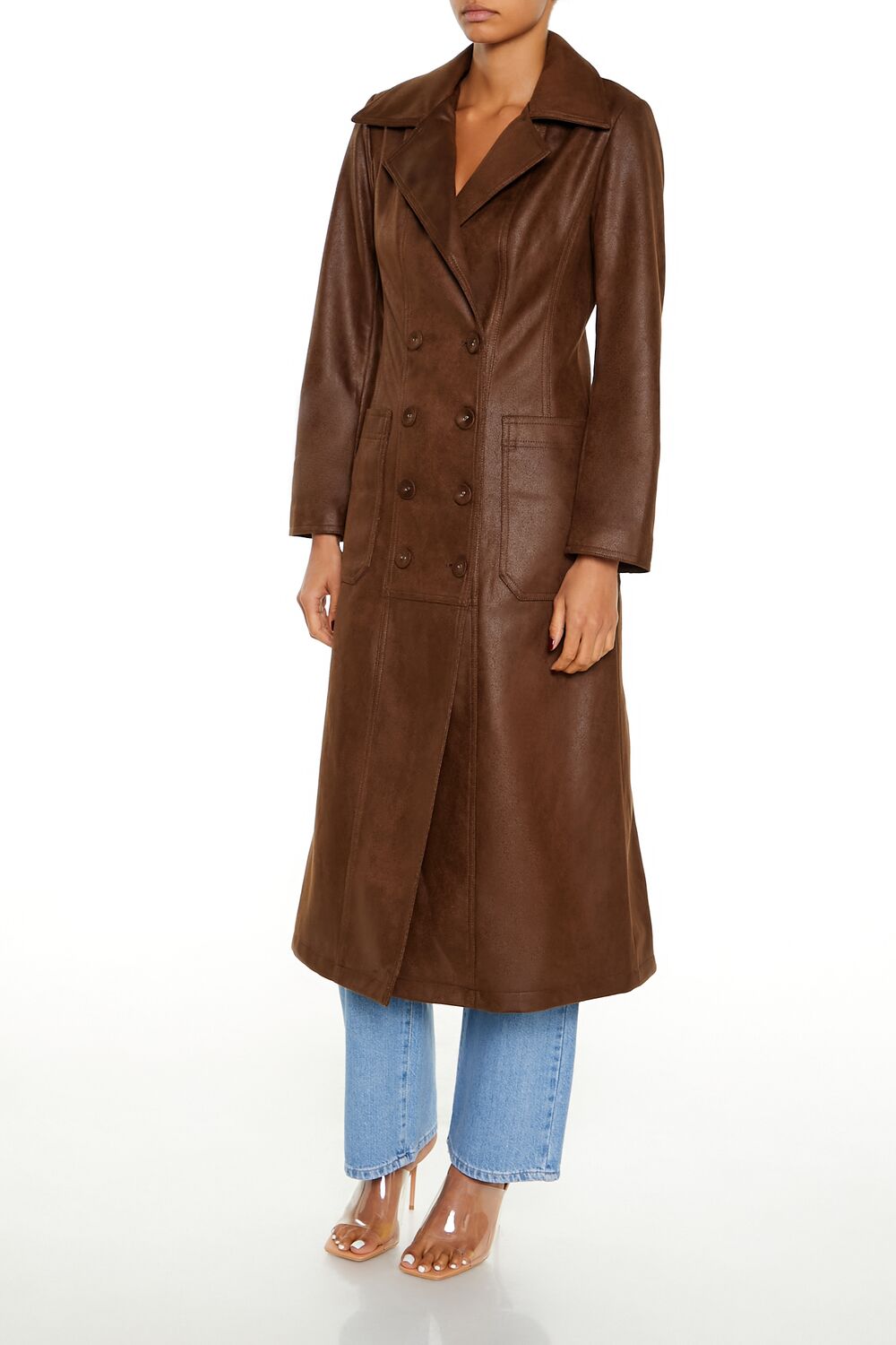  Forever 21 Notched Faux Suede Trench Coat - dark-brown-swatch - Bonton