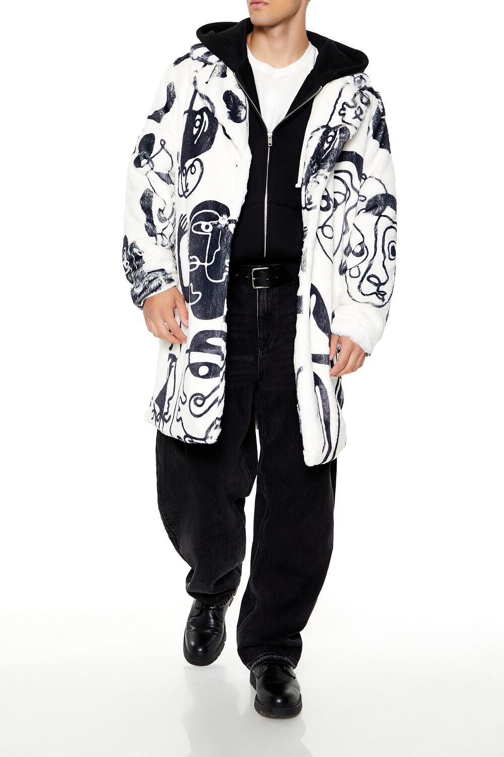  Forever 21 Line Art Longline Coat - cream-black - Bonton