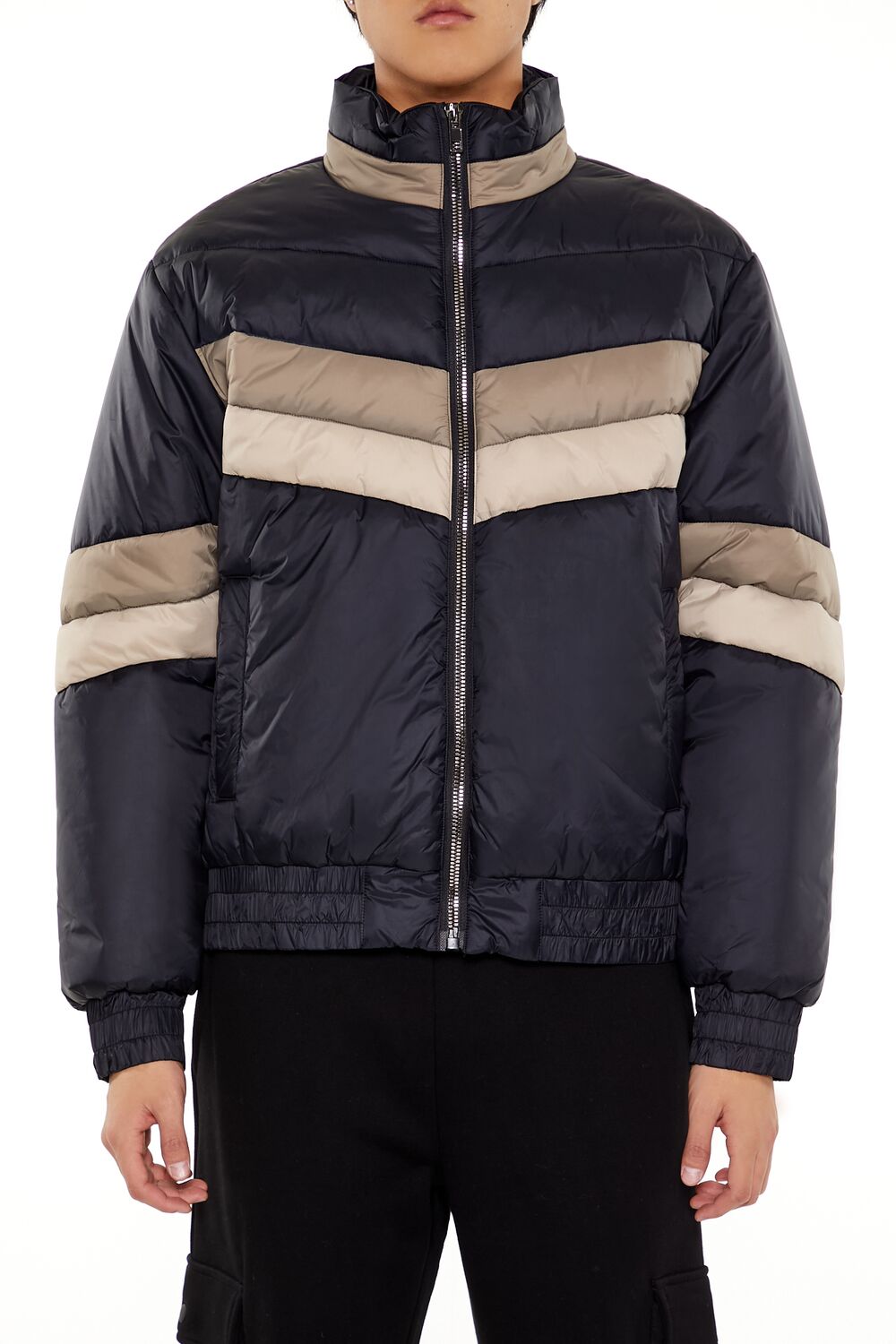  Forever 21 Colorblock Funnel Neck Puffer Jacket - black-multi - Bonton