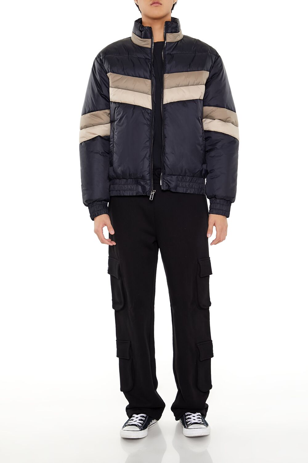  Forever 21 Colorblock Funnel Neck Puffer Jacket - black-multi - Bonton