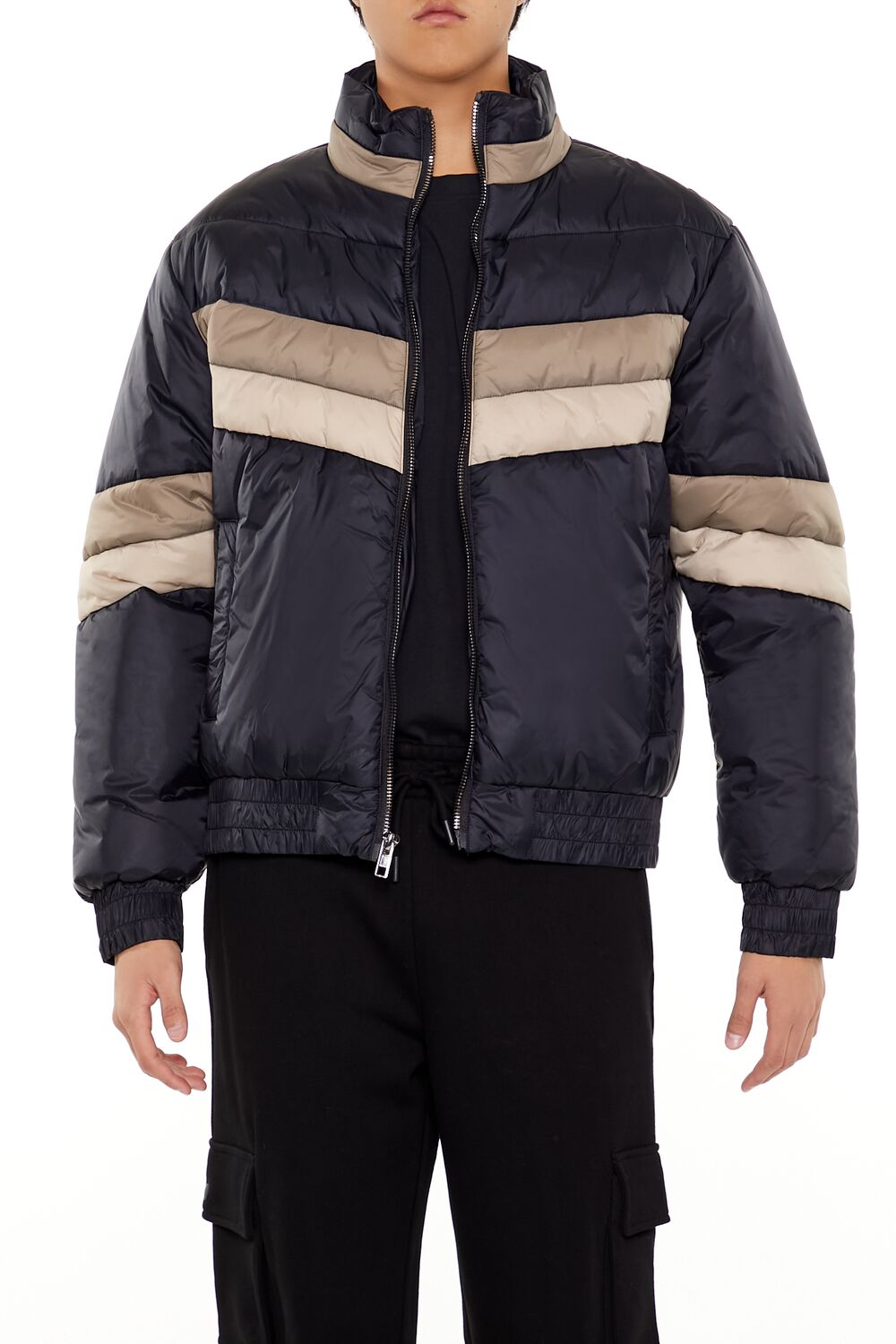  Forever 21 Colorblock Funnel Neck Puffer Jacket - black-multi - Bonton