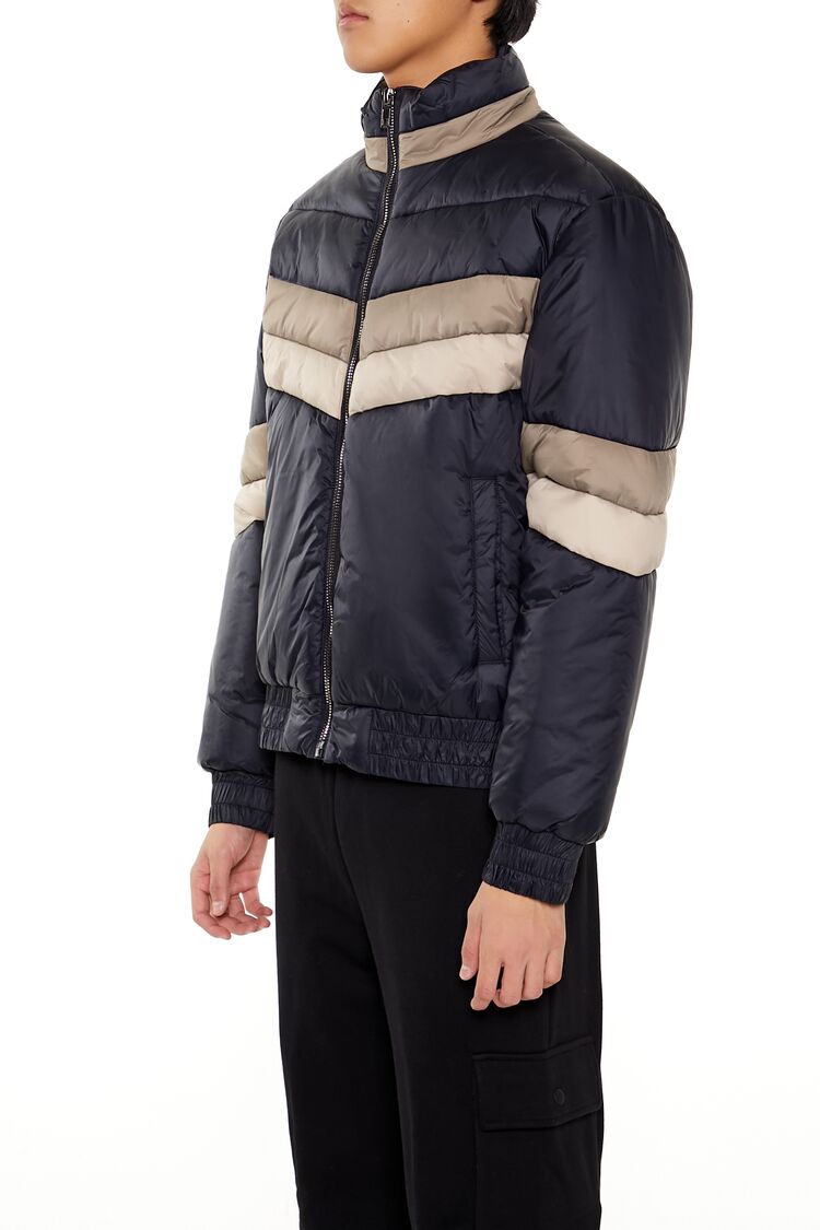  Forever 21 Colorblock Funnel Neck Puffer Jacket - black-multi - Bonton