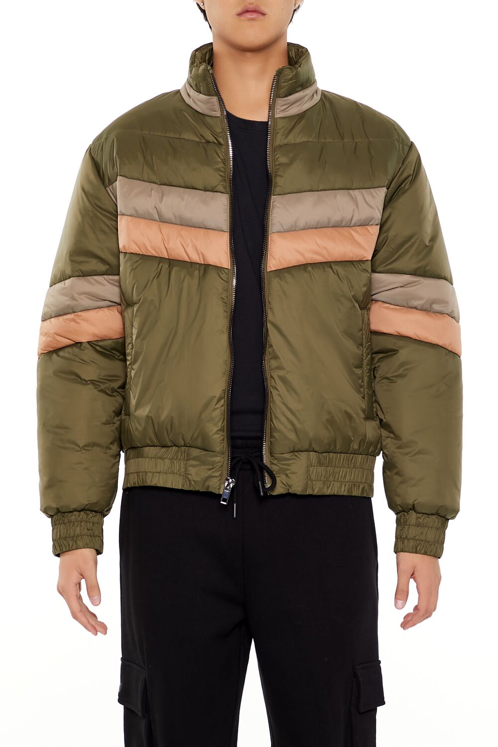  Forever 21 Colorblock Funnel Neck Puffer Jacket - black-multi - Bonton