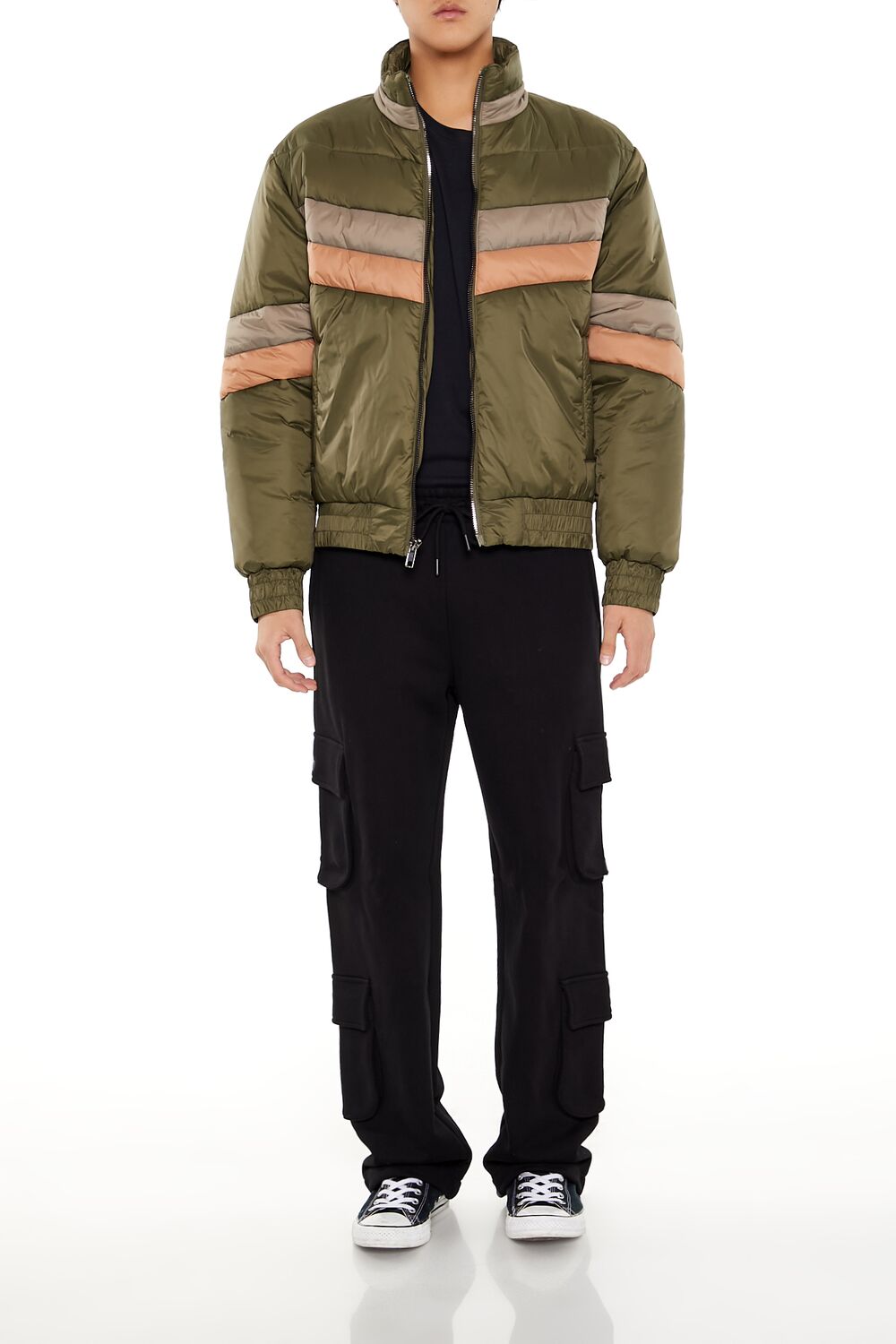  Forever 21 Colorblock Funnel Neck Puffer Jacket - black-multi - Bonton