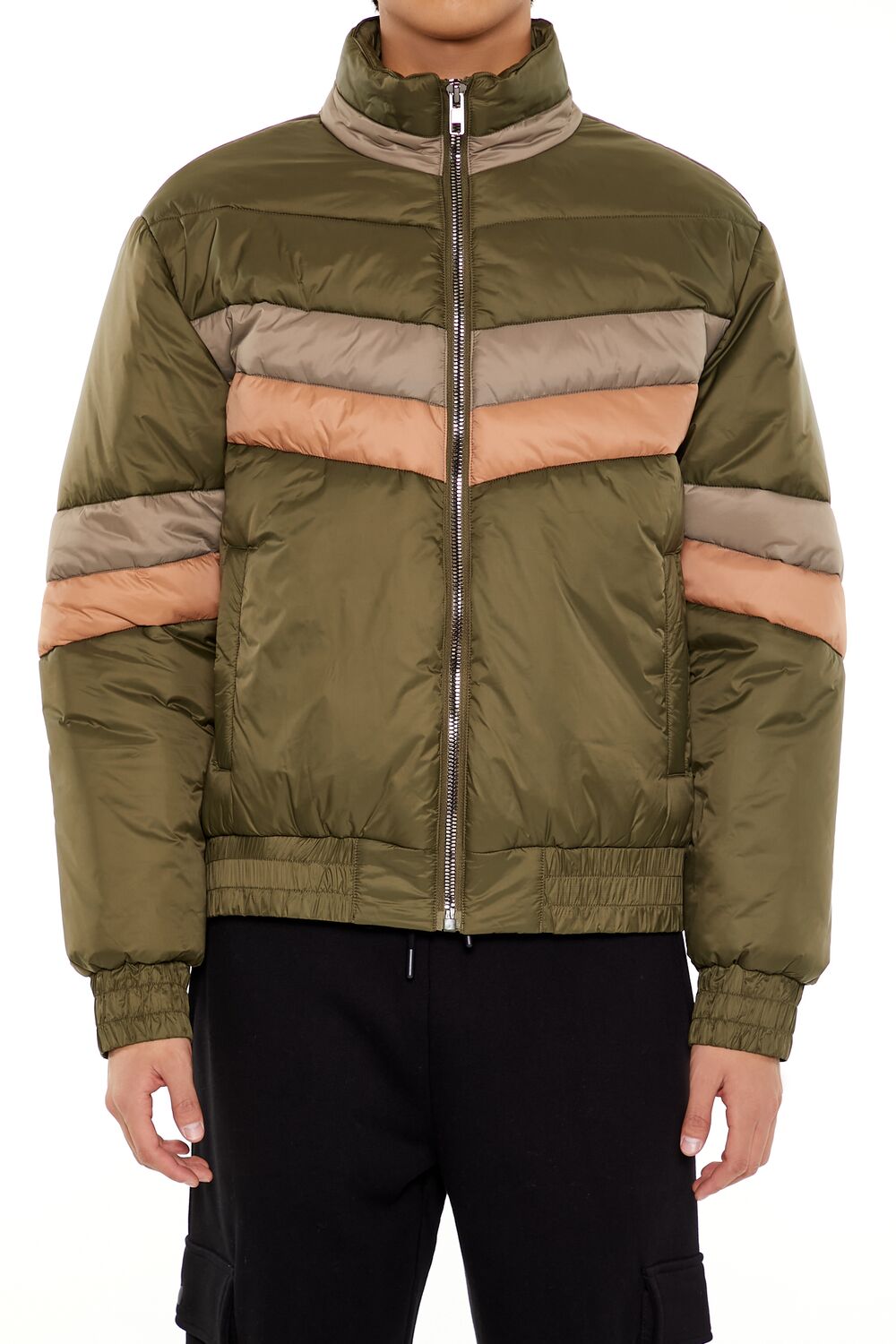  Forever 21 Colorblock Funnel Neck Puffer Jacket - black-multi - Bonton