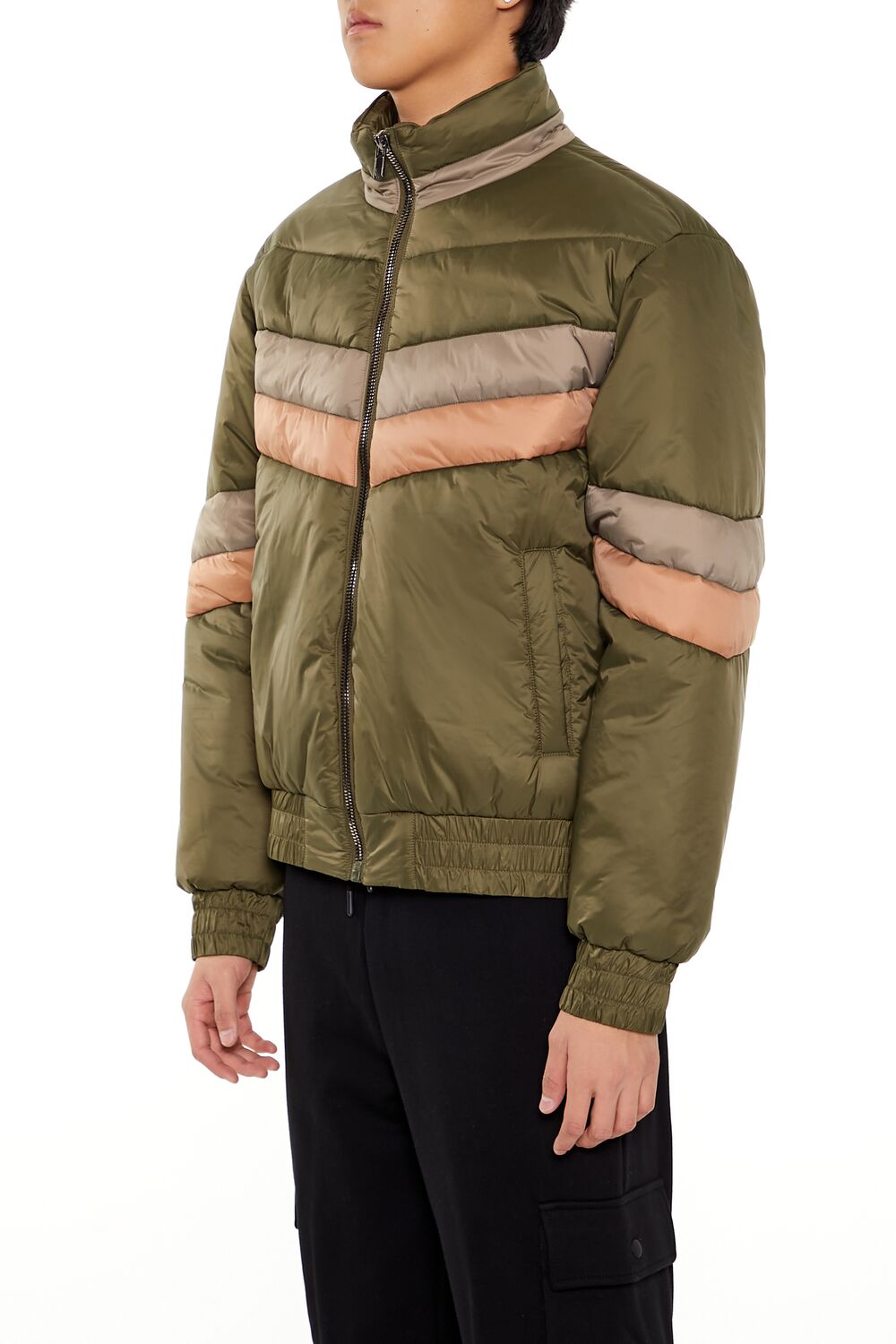  Forever 21 Colorblock Funnel Neck Puffer Jacket - black-multi - Bonton