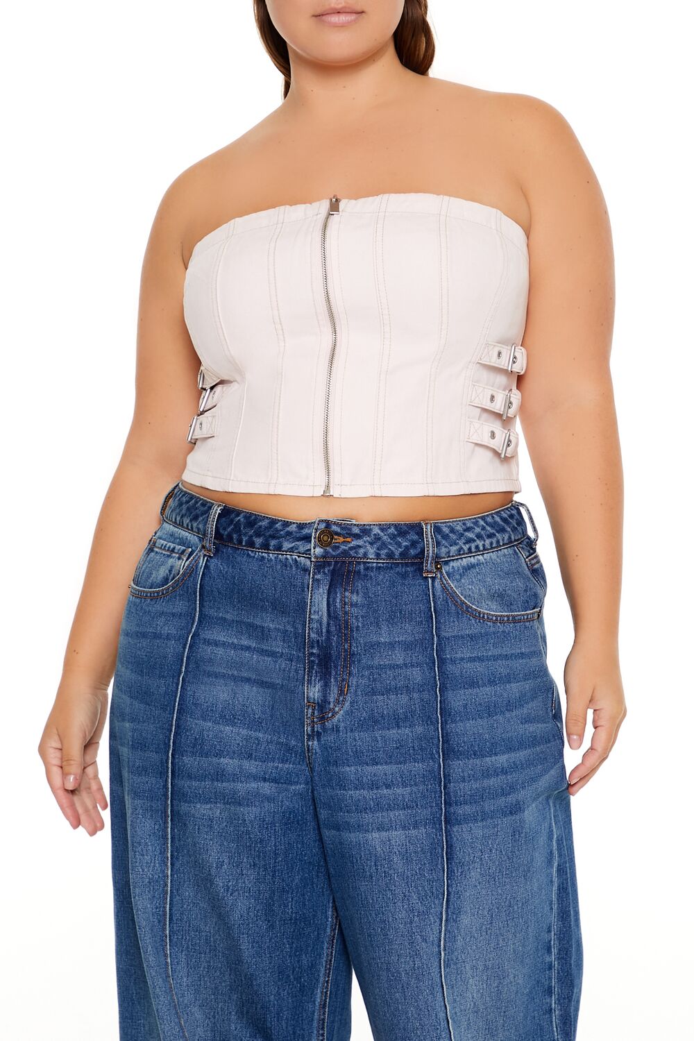  Forever 21 Plus Size Denim Zip-Up Tube Top - seashell pink - Bonton