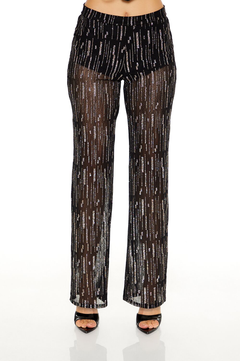  Forever 21 Glitter High-Rise Straight Pants - black - Bonton
