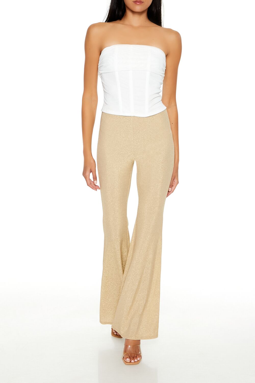  Forever 21 Glitter High-Rise Flare Pants - champagne - Bonton