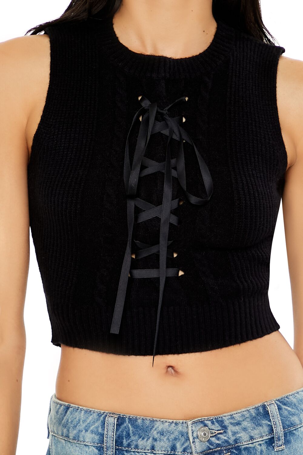  Forever 21 Sweater-Knit Lace-Up Crop Top - black - Bonton