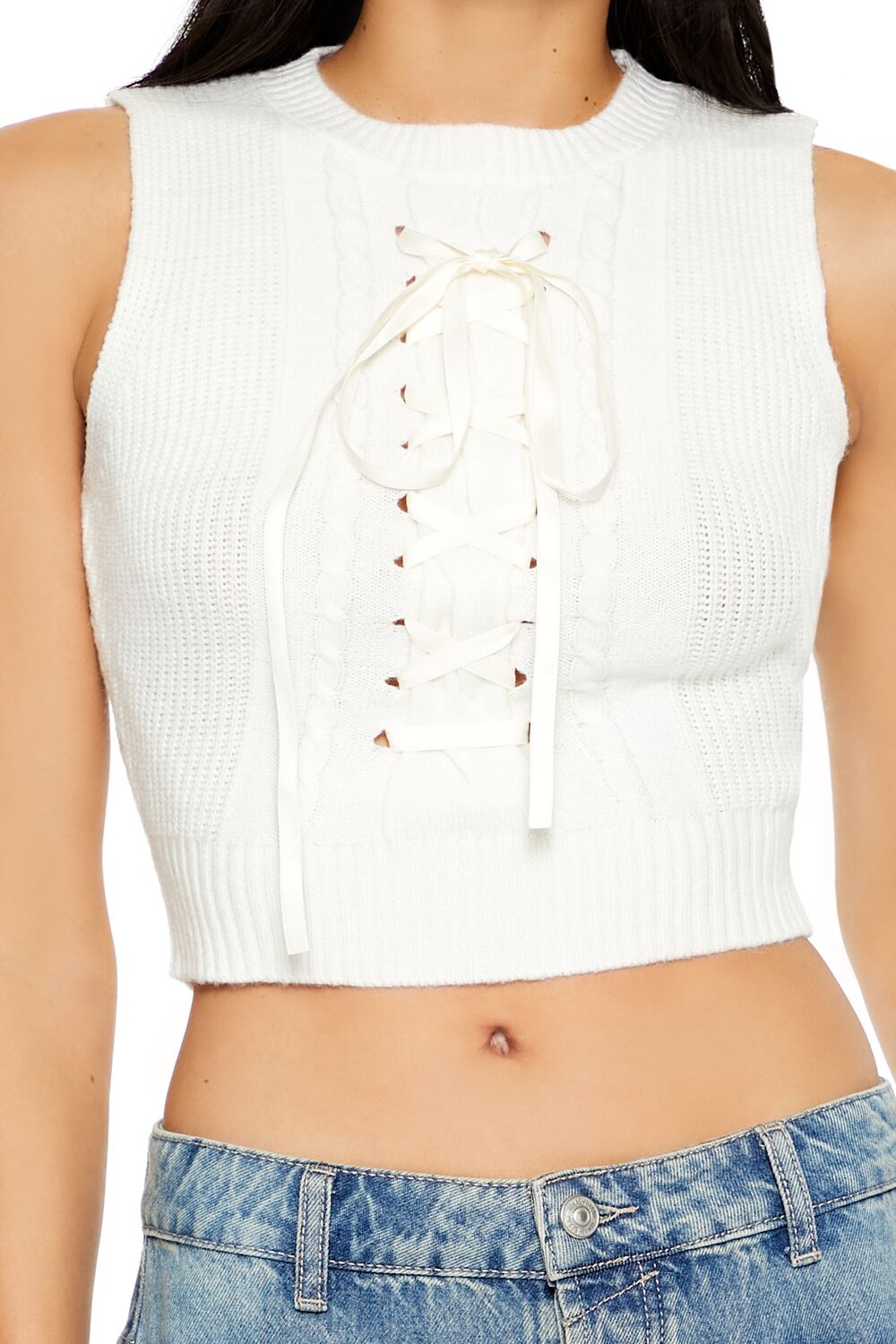  Forever 21 Sweater-Knit Lace-Up Crop Top - black - Bonton