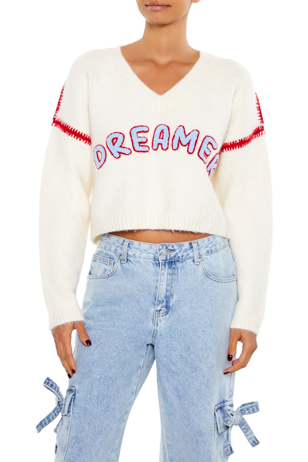  Forever 21 Dreamer Patch Fuzzy Knit Sweater - cream multi - Bonton