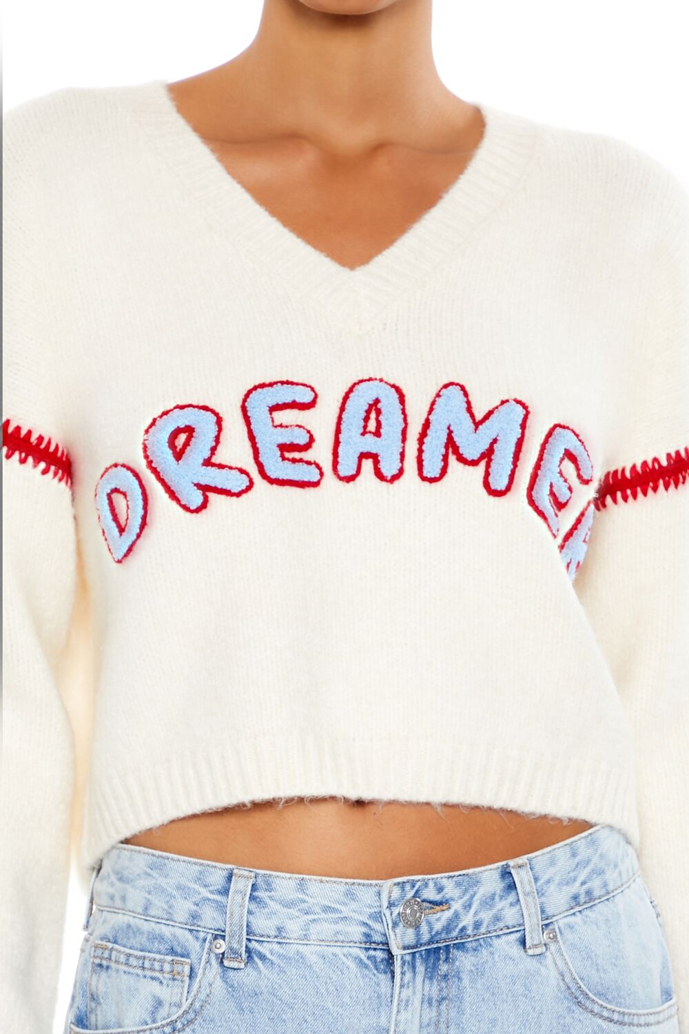  Forever 21 Dreamer Patch Fuzzy Knit Sweater - cream multi - Bonton