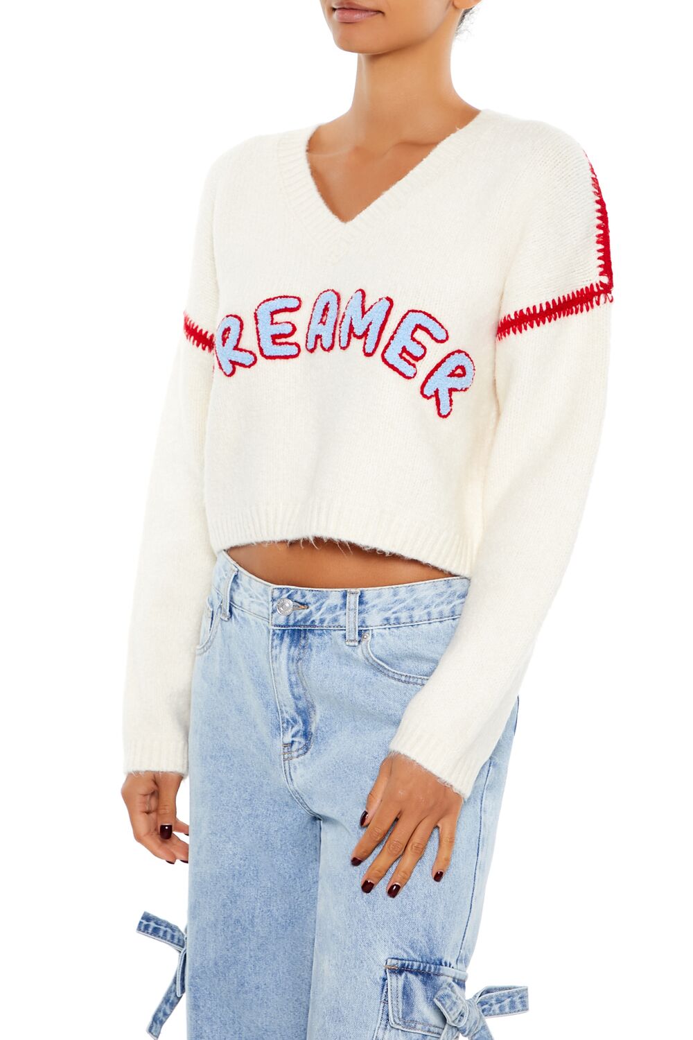  Forever 21 Dreamer Patch Fuzzy Knit Sweater - cream multi - Bonton