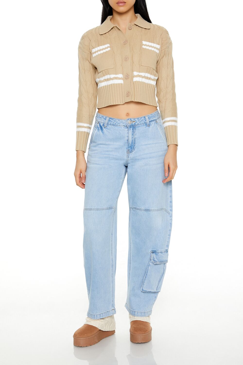  Forever 21 Varsity-Striped Cardigan Sweater - desert sand white - Bonton