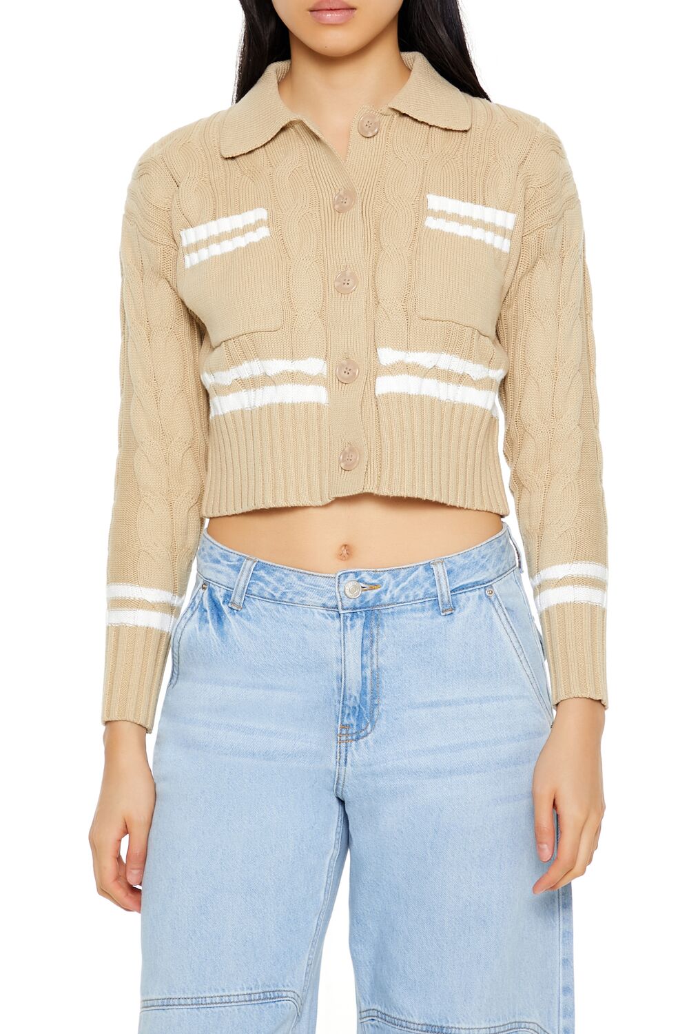  Forever 21 Varsity-Striped Cardigan Sweater - desert sand white - Bonton