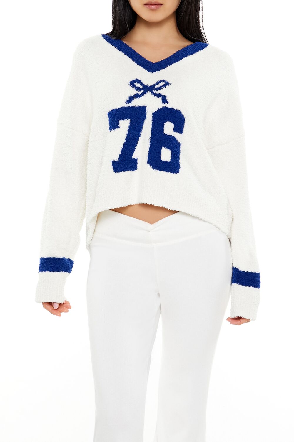  Forever 21 Bow 76 Fuzzy Knit Sweater - white blue - Bonton